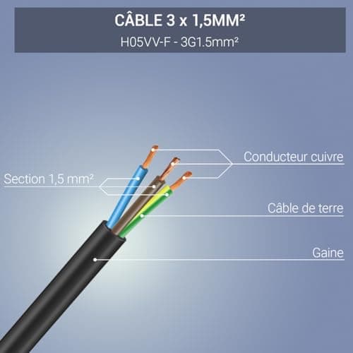 Waytex 51021 Prolongateur électrique noir 5,00m 3x1,5mm2 Prises 16A Europe 2P+T Sécurité Enfant CE NF