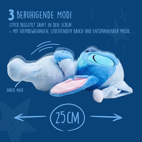 Simba Peluche Stitch Dormant Disney Licencé - 31 cm avec Fonction Respiration, Lumière et Musique Relaxante pour Bébé (6