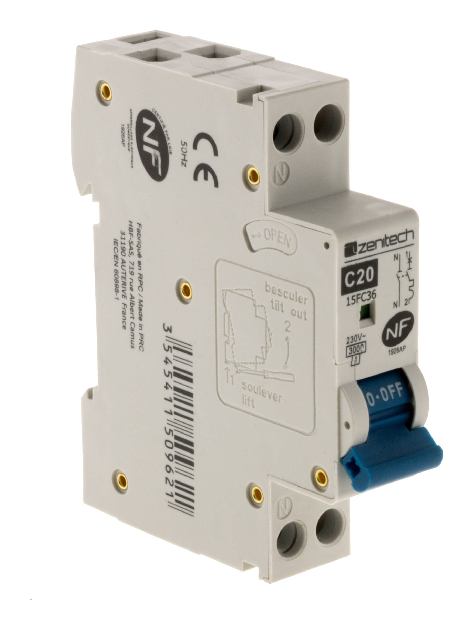 Zenitech - Disjoncteur Électrique 20A PH/N NF pour Chauffe-eau Électrique - Sécurité et Protection contre les Surcharges